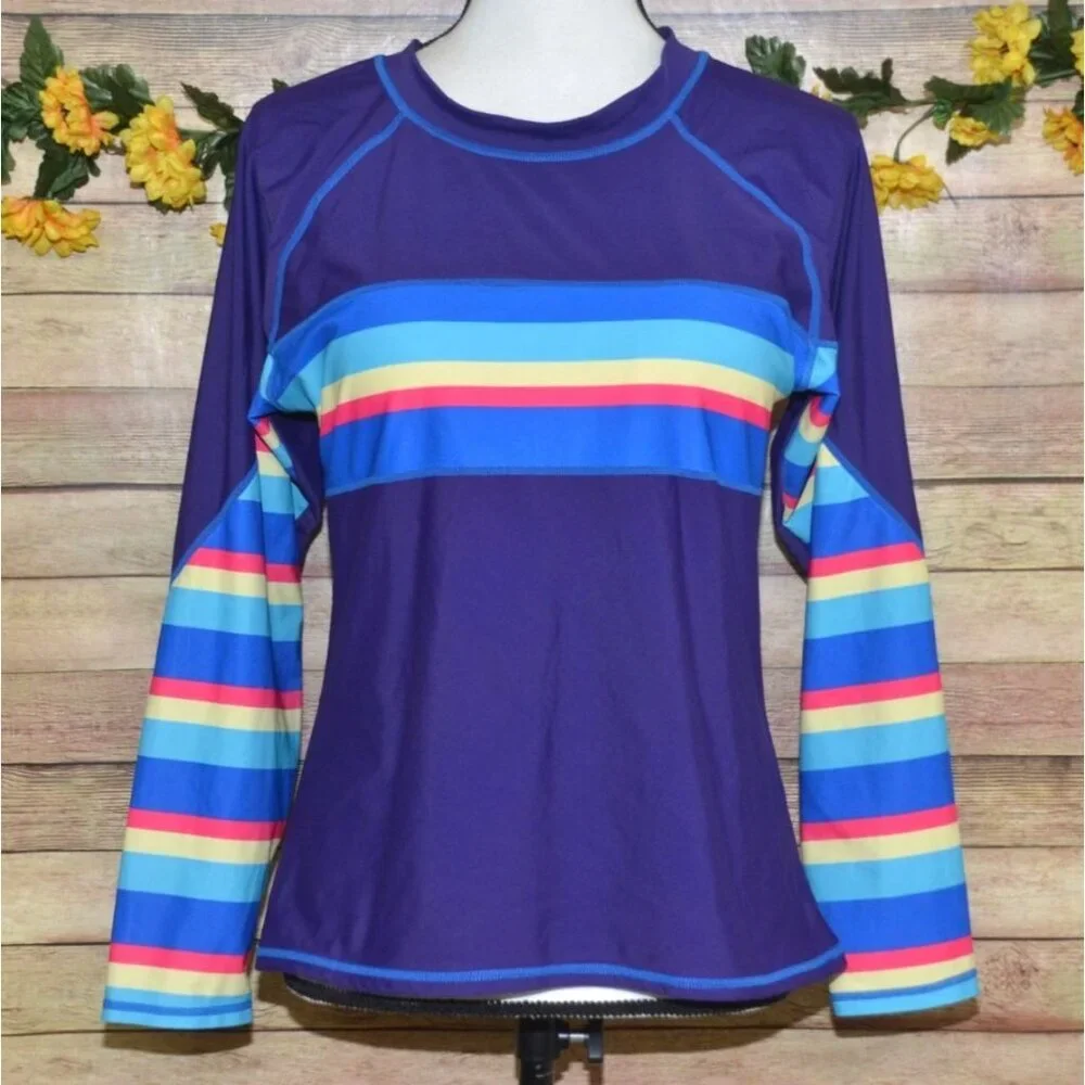 Women’s Long Sleeve Rash Guard Bikini Set in Purple with Multi-Color Stripes